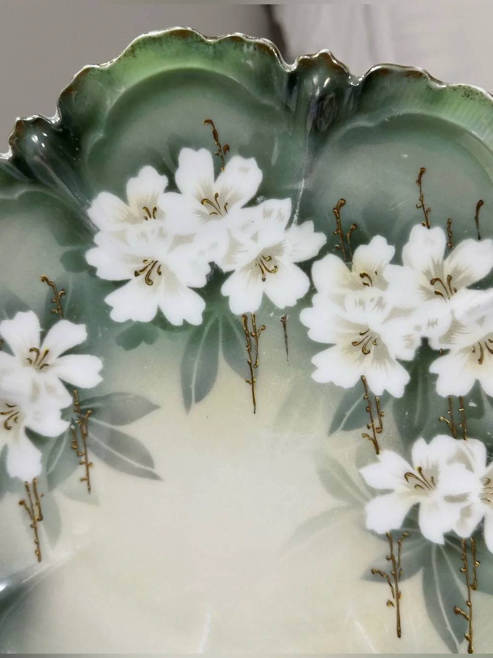 VTG RS Germany Handled Floral Serving Cake Tray Green White Gold Cherry Blossoms